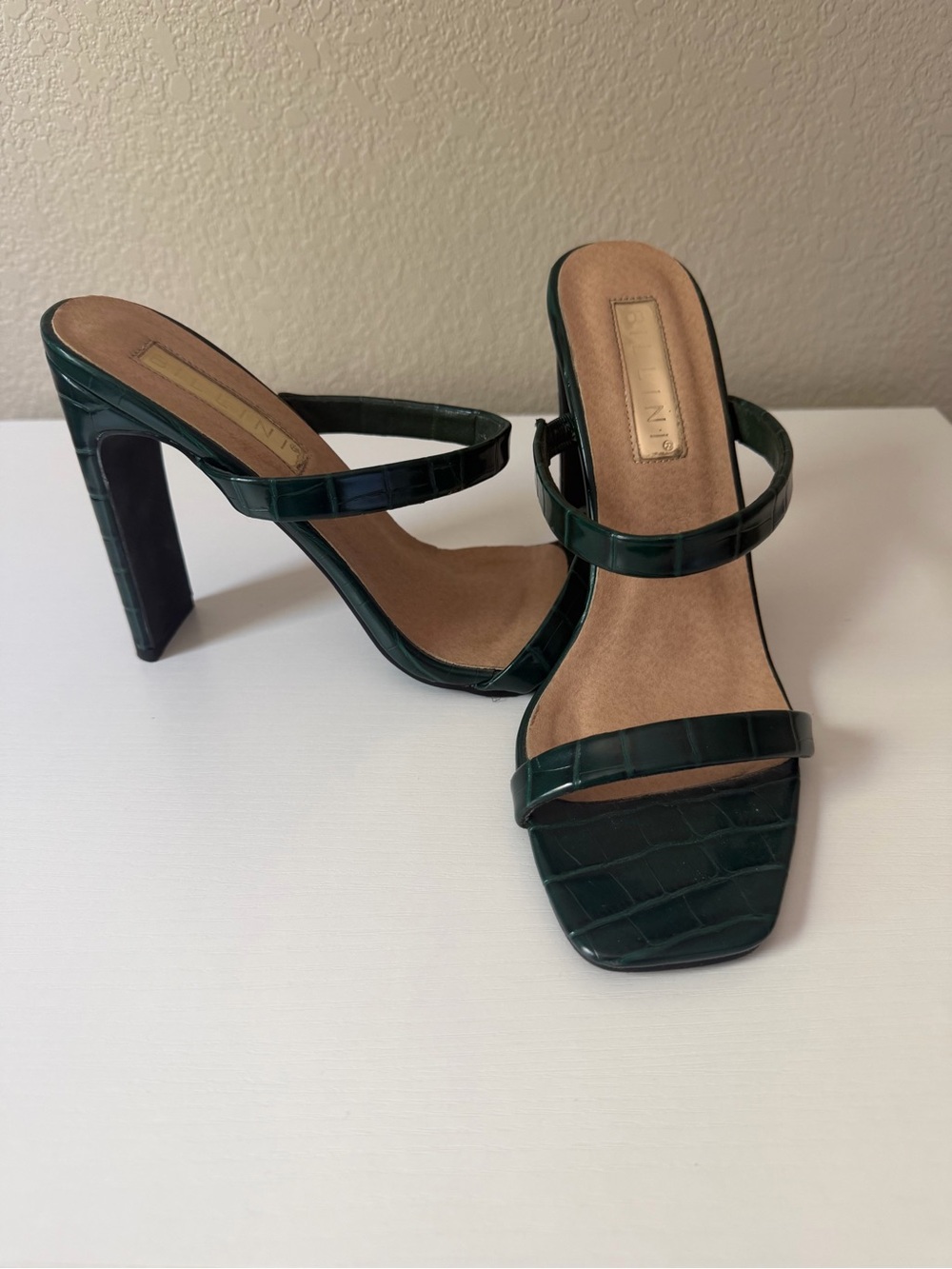 Billini Dark Green Croc-Embossed Double Strap Heels